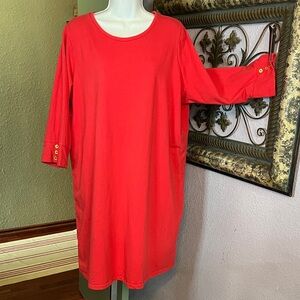 D & Co. Dress- Vibrant Red Knit with Gold Buttoned 3/4 Sleeve Sz 1X